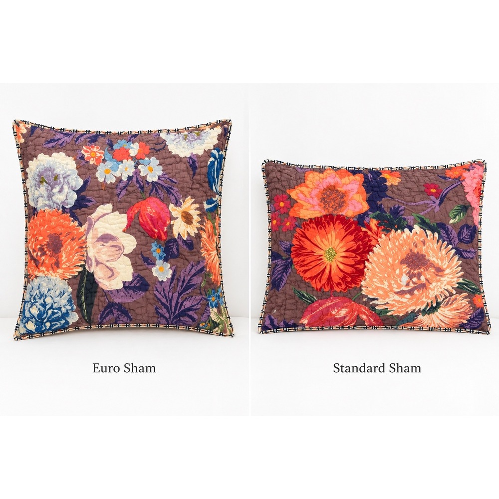 Anthropologie Floral Quilted Pillow Sham Set Standard Euro Agenta Cotton